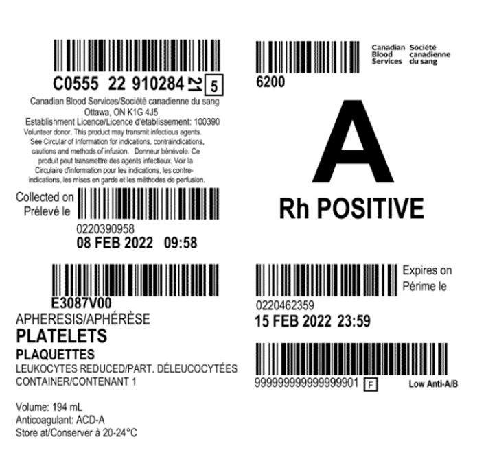 Label for apheresis platelet showing "Low Anti-A/B" in bottom right corner