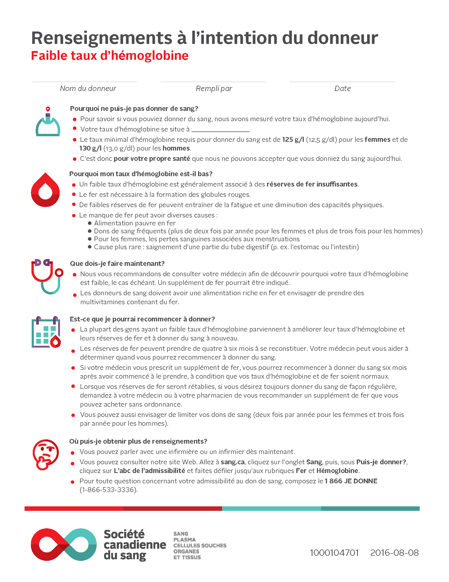 Donor information sheet - low hemoglobin measurement FR