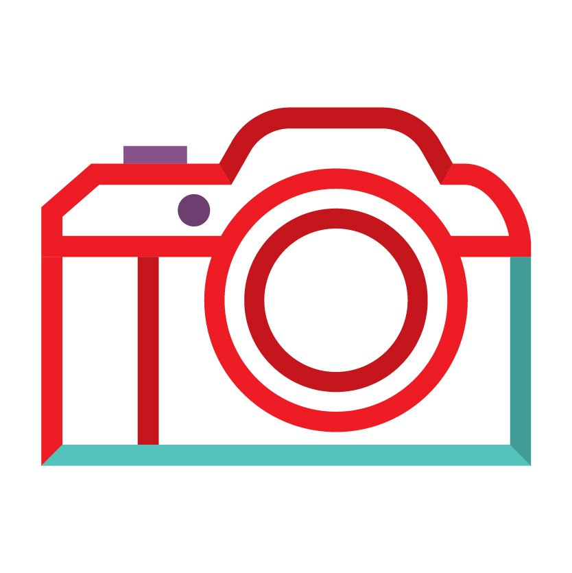 Red, teal and purple icon of a camera