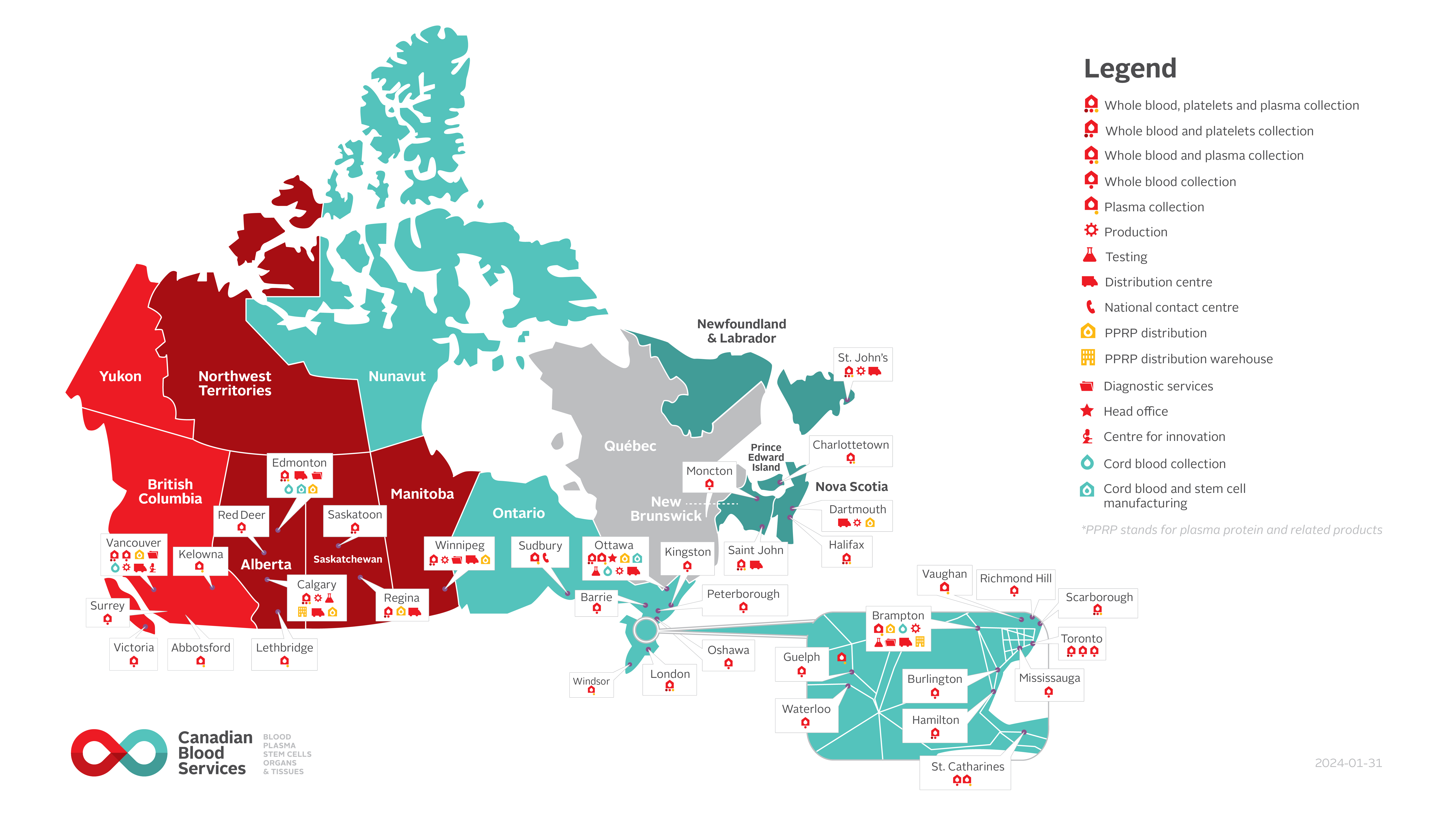 A graphic depicting a map of Canada and the locations of the Canadian Blood Services operations in all provinces and territories excluding Quebec.