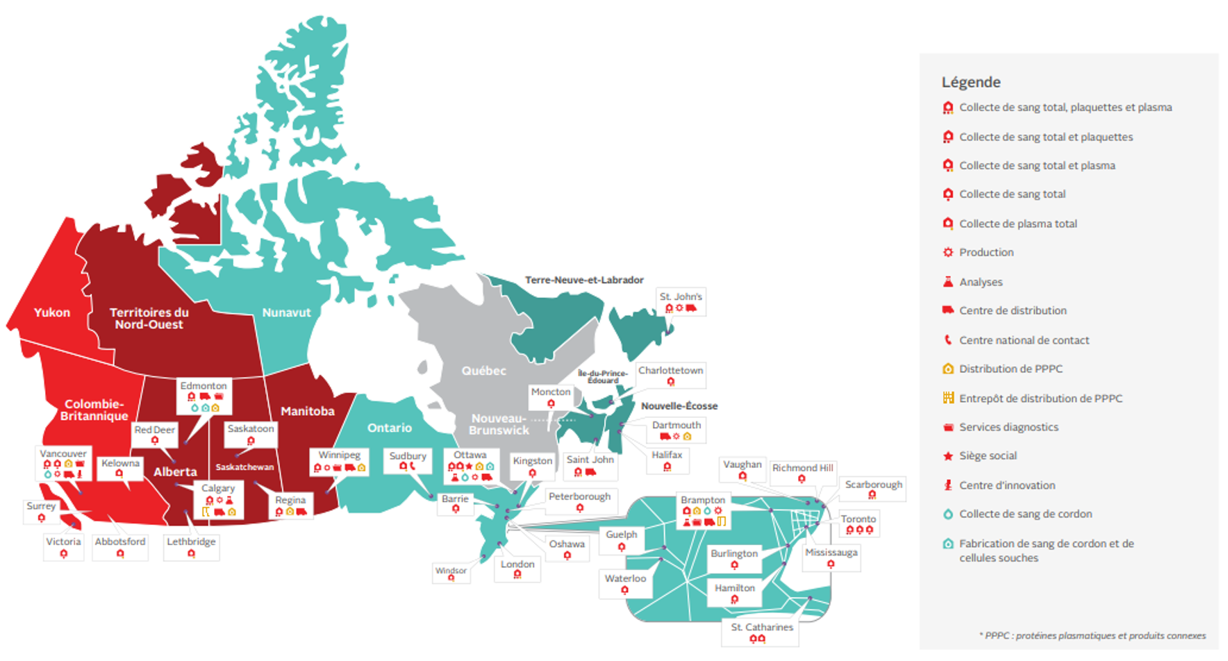 Carte des activités de la Société canadienne du sang (au 31 janvier 2024)