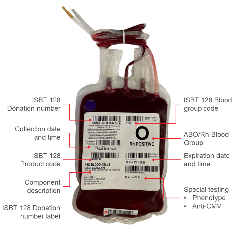 Image showing the Canadian Blood Services' label for a red blood cell unit.