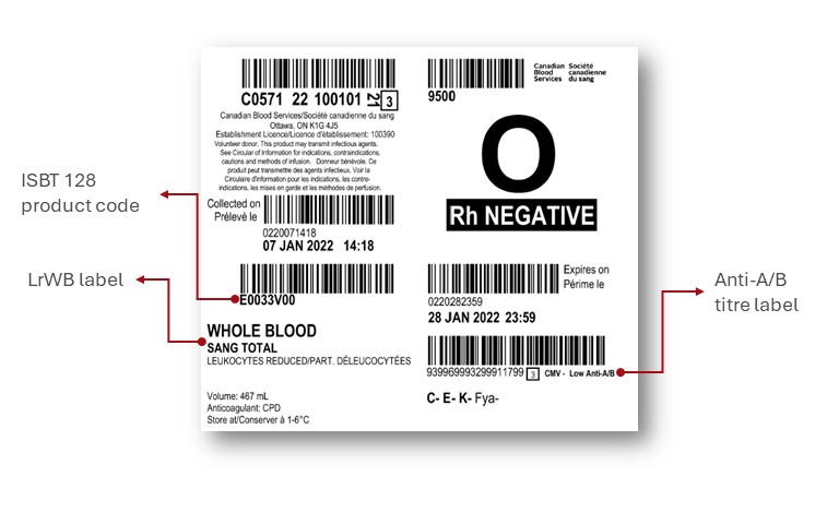 An example of an LrWB label with arrows indicating where to find the ISBT 128 product code, LrWB label, and Anti-A/B titre label.
