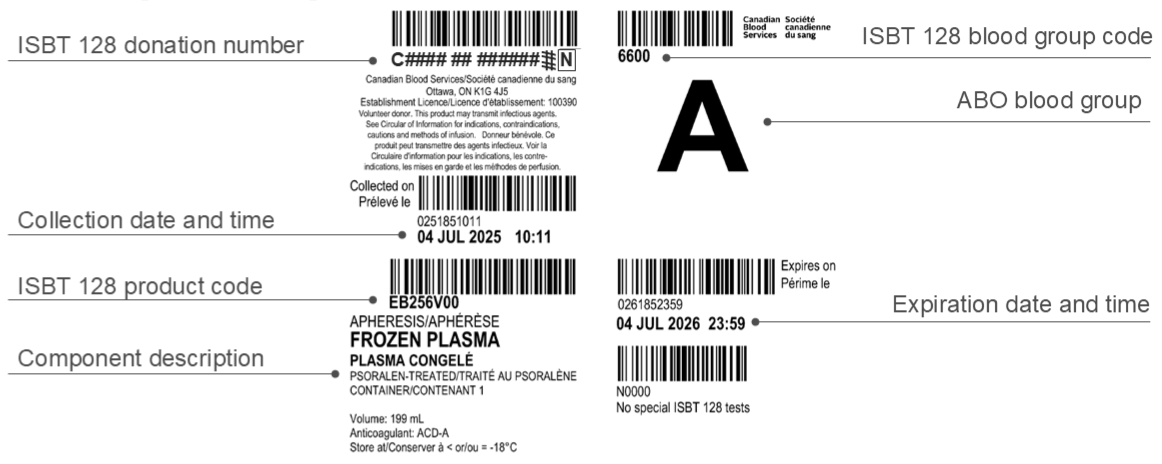 Figure 3. Example label for apheresis frozen plasma, psoralen-treated. Visit blood.ca to find a list of the new codes in customer letter # 2025 - 26. 