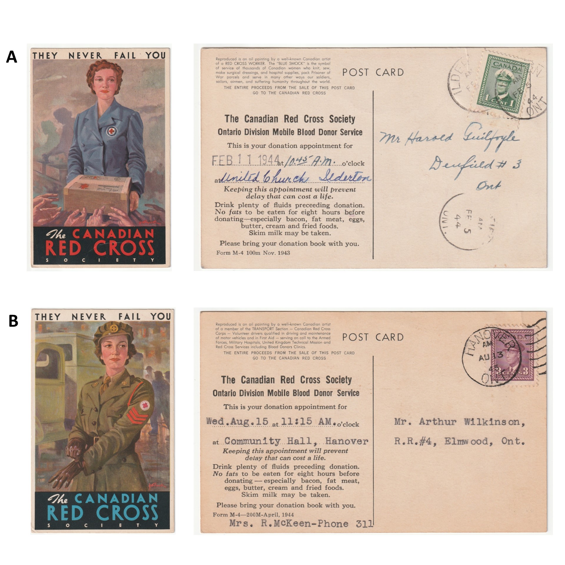Figure 1. Postcards from the Canadian Red Cross Society bearing the motto “They Never Fail You” and depicting paintings of female World War II Red Cross Workers on the front and with mobile blood donor clinic appointment information printed on the backA. "Blue Smock” Red Cross worker, for a clinic in Ilderton, Ontario, B. Volunteer Driver, for a clinic in Elmwood, Ontario. 