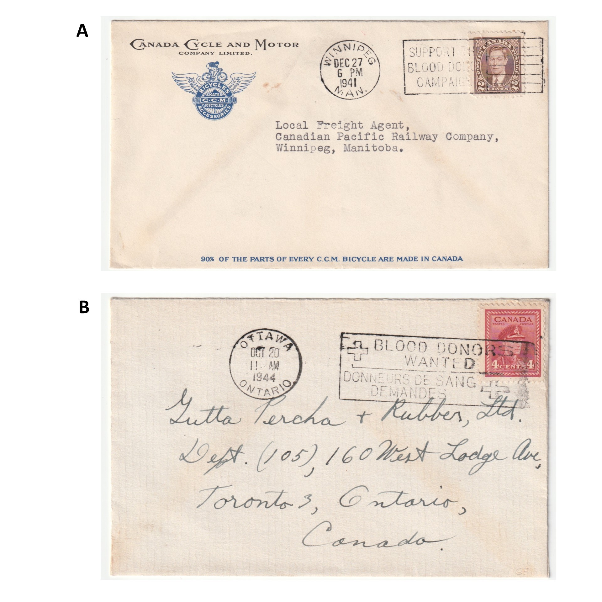 Figure 2. Machine cancels with slogans promoting blood donation used by the Canadian postal service during World War II. A. This slogan was used in Winnipeg from 1941 to 1942. B. This bilingual slogan was used in Ottawa from 1944 to 1945.