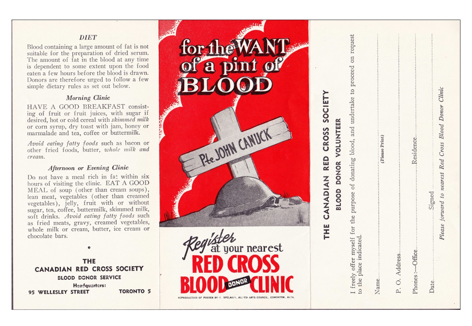 Figure 3. A 1944 World War II Canadian Red Cross leaflet providing information about blood donation and appealing for volunteer donors to support the production of dried serum. It depicts the tomb of Pte. John Canuck, a fictional Canadian war hero from cartoons of the time. 