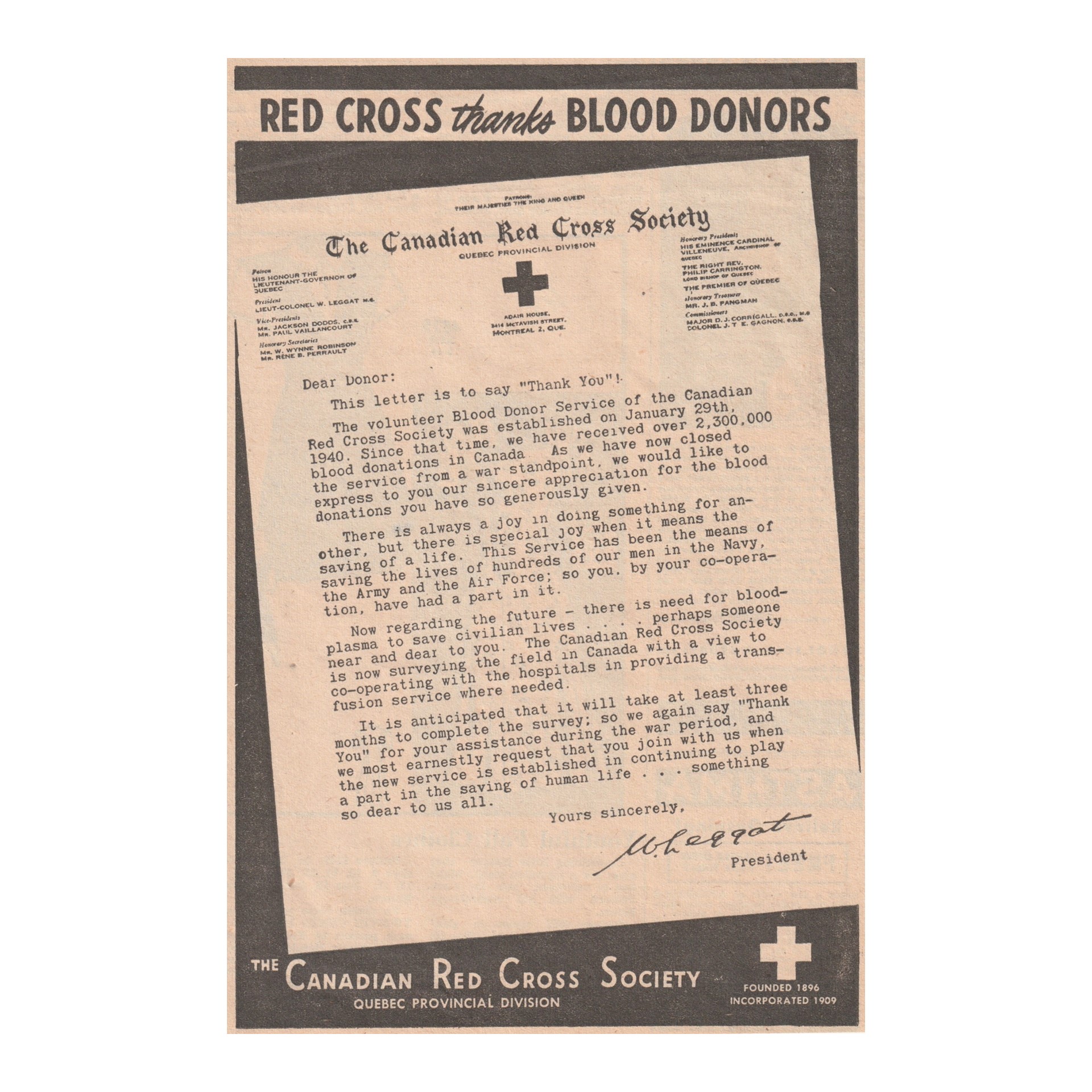 Figure 5. A 1945 newsprint ad thanking the volunteer donors who supported the Canadian Armed Forces and looking to the future of the establishment of a peacetime blood transfusion service.