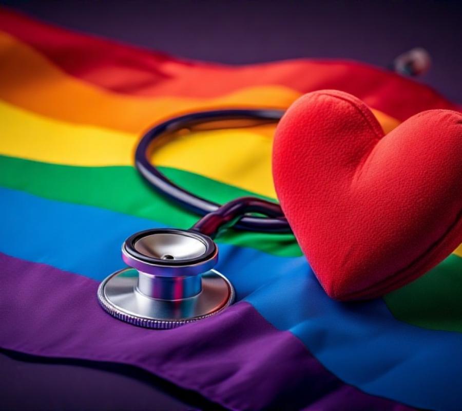 A plush heart and stethoscope resting against a rainbow flag
