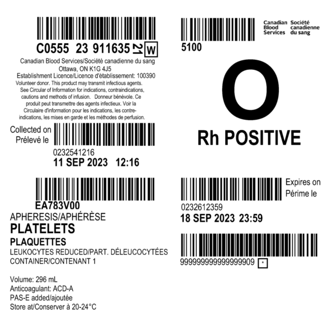Label for apheresis platelet (not pathogen-reduced)