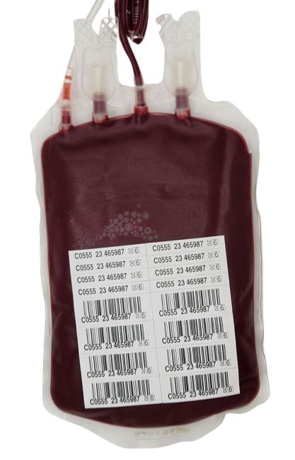 A unit of red blood cells labelled with barcodes and numbers.