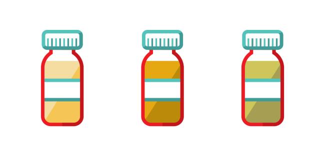 Three vials showcasing albumin's range of colour including pale yellow, amber, or green